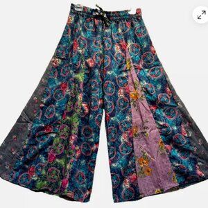 Nwt SACRED THREADS floral hippy rayon twill wide leg flared PANTS M